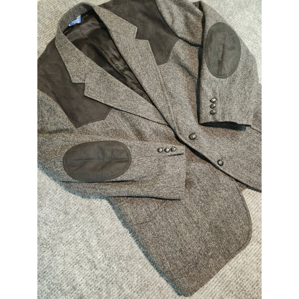Pendleton Mens Grey Wool Herringbone Western Blazer Suede Yoke Elbow Patches 52